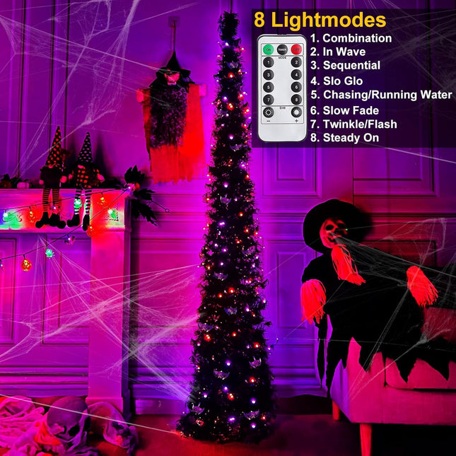 [Remote Control & Timer]6 Ft 60 LED Tinsel Halloween Tree Decor with Orange & Purple Lights 8 Modes Black Tinsel Christmas Tree Bats Battery Operated Pop Up Artificial Tree Indoor Outdoor Decorations