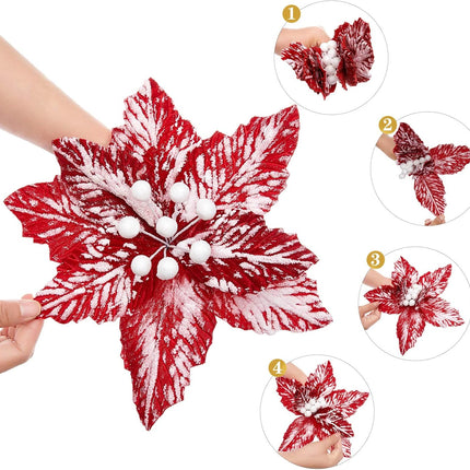 Large Christmas Poinsettias 6 Pcs Snow Decorated Christmas Tree Flowers Artificial Flower Picks Ornaments for Christmas Tree Wreath Decoration (Red/White)