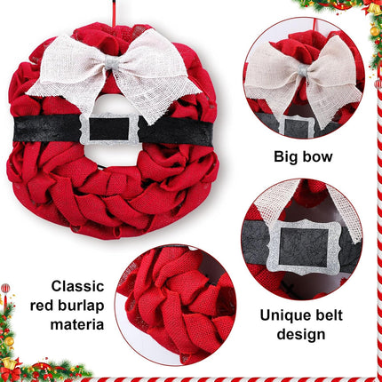 Riceshoot Santa Wreath 15.7 Inch Christmas Front Door Wreath Decoration Red Burlap Wreath Black Belt Silver Buckle Holiday Wreath for Christmas Indoor Outdoor Home Office Wall Wedding Holiday Party