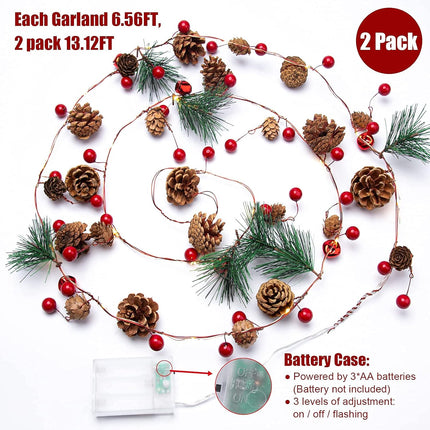 2 Pack Artificial Christmas Garland with Lights - Battery Operated 6.56FT Prelit Garland with 20 LED lights, Red Berries, Pine Cones, Pine Needles Decor for Xmas Tree Thanksgiving Home Fireplace Party