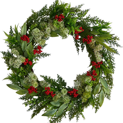 Nearly Natural 24in. Cedar, Eucalyptus and Berries Artificial Christmas Wreath