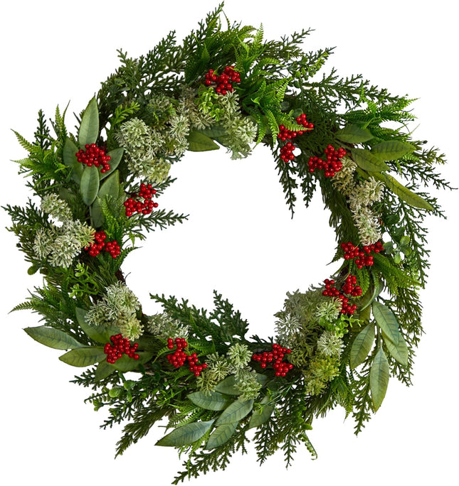 Nearly Natural 24in. Cedar, Eucalyptus and Berries Artificial Christmas Wreath