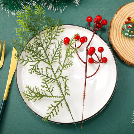 Panelee 48 Pcs Christmas Artificial Pine Branches with Red Berry Stems 12.8''Christmas Pine Needles for DIY Fake Greenery Christmas Garland Wreath Xmas Embellishing Flower Arrangements Decoration