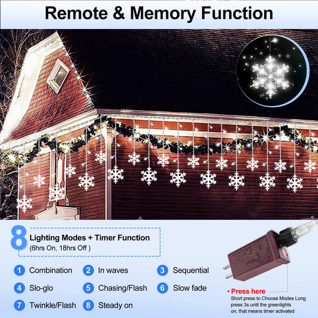 PEMOTech Christmas Snowflake Lights Ourdoor with【Remote】, 20.67ft 264LED Connectable Icicle Light for Outside with【Memory Funtion】,22 Drops,8 Modes,IP65 Waterproof for Garden,Eaves Window,Xmas Decor