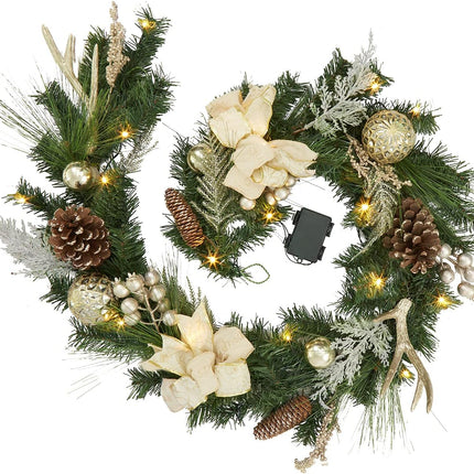 6ft Gold Christmas Garland with Lights, Lighted Xmas Garland with Stars, Flower, Berry Branches, Pre-Lit Christmas Garland Decorations for Indoor Outdoor Mantal Fireplace Banister Porch Decor