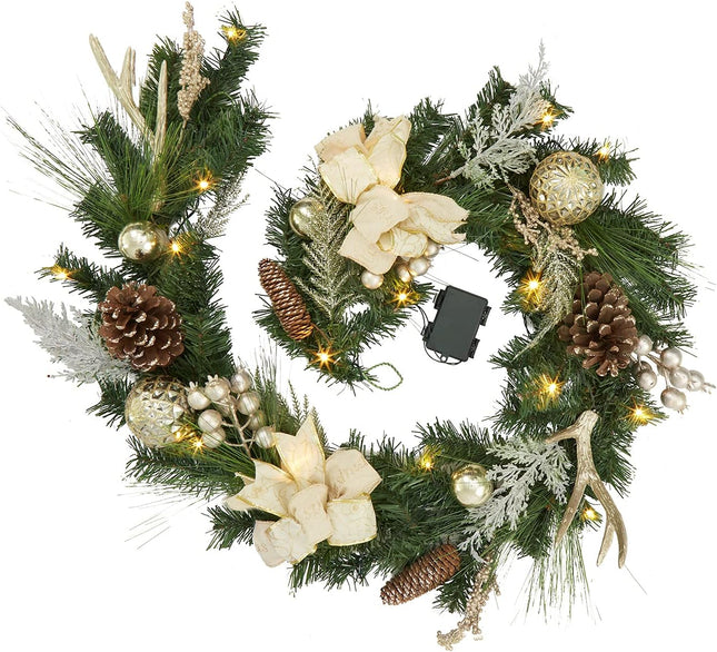 6ft Gold Christmas Garland with Lights, Lighted Xmas Garland with Stars, Flower, Berry Branches, Pre-Lit Christmas Garland Decorations for Indoor Outdoor Mantal Fireplace Banister Porch Decor