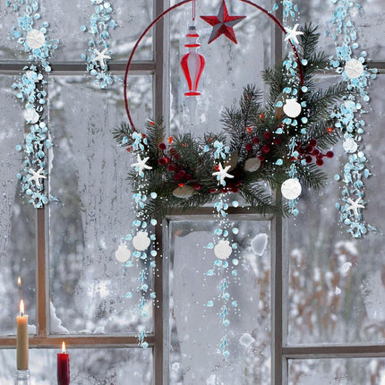 Yinder Christmas 32.8 ft Shell Starfish Garland Ocean Themed Garland Coastal Beaded Beach Garland for Home Christmas Tree Curtains Mantle Fireplace Mantel Summer Wedding Party Supply (Light Blue)