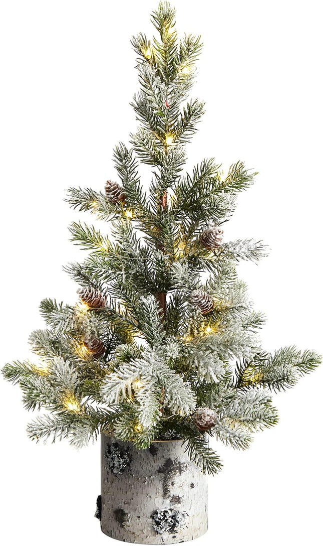 Nearly Natural 24in. Flocked Christmas Artificial Tree in Decorative Birch Bark Planter with 30 LED Lights