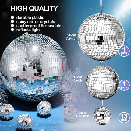WILLBOND 17 Pack Large Christmas Disco Ball Hanging Disco Ball Small Mirror Disco Balls Decorations for Party Xmas Festivals Decor Decoration (8 Inch, 6 Inch, 1.2 Inch)