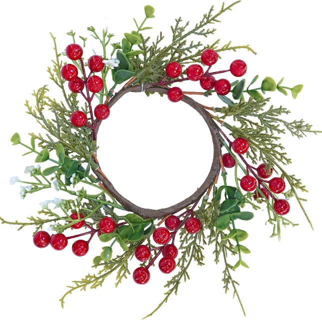 Winlyn 4 Pcs Artificial Eucalyptus Cedar Berry Candle Rings Christmas Candle Holder Wreath Rings Faux Cedar Twigs Wreath Mini Window Wreaths 12.2" Wide Winter Wedding Holiday Party Table Decoration