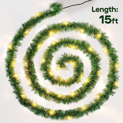 Twinkle Star's 15 ft Pre-lit Christmas Garland,Lighted Artificial Pine Garland with Plug in 35 Count Clear Incandescent Mini Lights, Perfect for Indoor/Outdoor Holiday Decorations