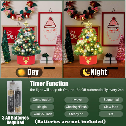 24 Inch/2 ft Small Christmas Tree with Lights LED, Mini Pre-lit Artificial Christmas Tree with Ornaments Topper Collar, Tabletop Battery Operated Xmas Pine Tree for Indoor DIY Decor
