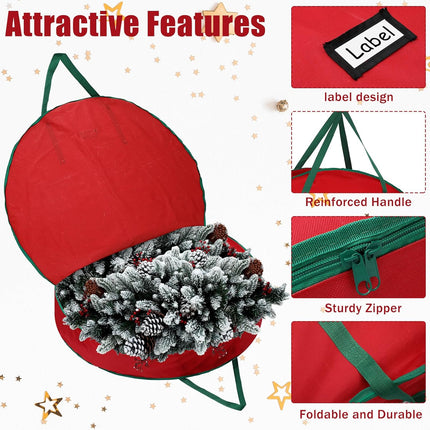 1 Pcs 60 Inch Christmas Wreath Storage Bag Zippered Garland Holiday Container with Reinforced Handle Tear Resistant 600d Oxford Wreath Organizer Christmas Wreath Holder with Card (Red)