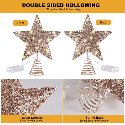 MAIAGO 10 Inches Christmas Tree Topper with 20 LED Lights, Rose Gold Glittered Metal Christmas Tree Decorations for Home Party Holiday Winter Xmas Decorations, Warm White