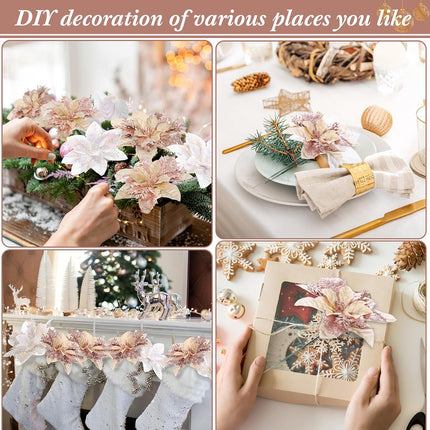 Yunsailing 30 Pcs Poinsettia Christmas Artificial Glitter Flower Xmas Flower Poinsettia for Xmas Tree Artificial Poinsettia Flower for Christmas Tree for Craft Decor (Rose Gold, Silvery White)