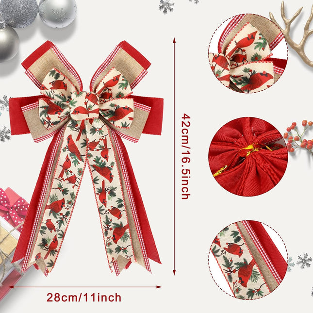 Whaline Christmas Wreath Bow Red Cardinal Birds Pattern Burlap Bow 16.5 x 11 Inch Xmas Special Design Tree Topper Ornament Bow for Christmas Party Indoor Outdoor Home Door Fireplace Decor