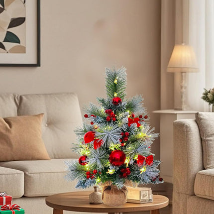 Small Christmas Tree with 50 Lights，22 Inches Artificial Tabletop Mini Christmas Tree with Pine Needle Branches Red Berries Red Bowknots Christmas Decorations for Home Store Party Holiday