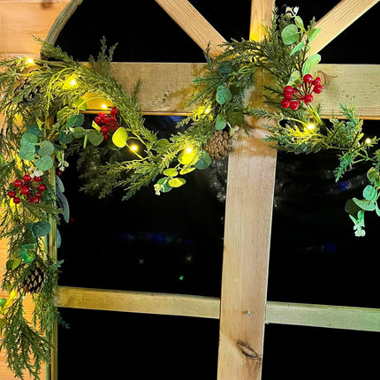6FT Pre-lit Christmas Garland with 20 LED Lights,Battery Powered Christmas Lights with Pine Cones, Red Berries, Eucalyptus Leaves,Lighted Christmas Garland for Mantle,Stairs,Holiday Decor