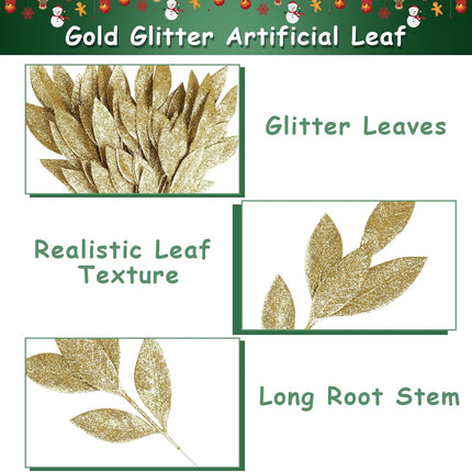 KIMOBER 20PCS Christmas Artificial Leaves,Glitter Golden Fake Floral Spray Picks Branches Twig for Xmas Tree Wreath Wedding Bouquet Decoration