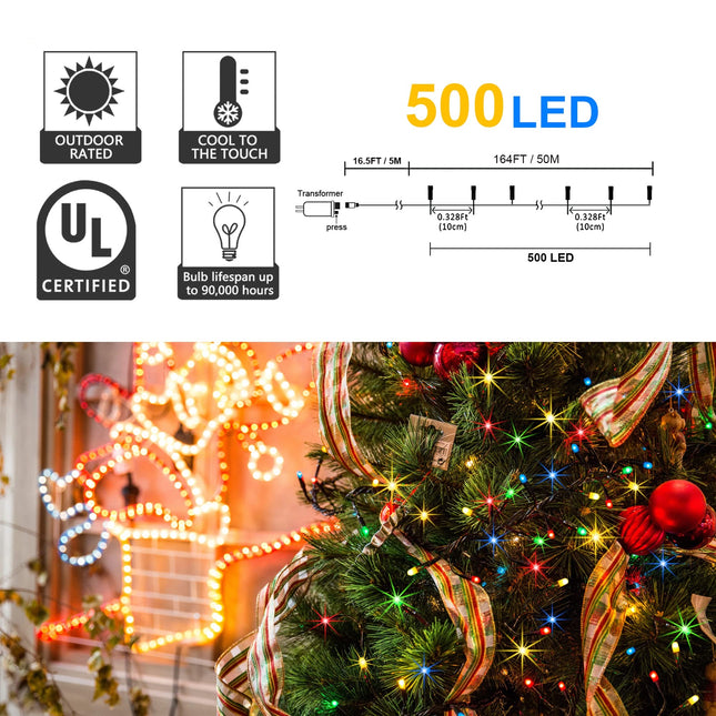 weillsnow 500 LED Multicolor Outdoor Christmas Lights, 164Ft Plug in Waterproof String Lights, 8 Modes with Memory for Outdoor Indoor Garden Halloween Christmas Decorations (Multicolor)