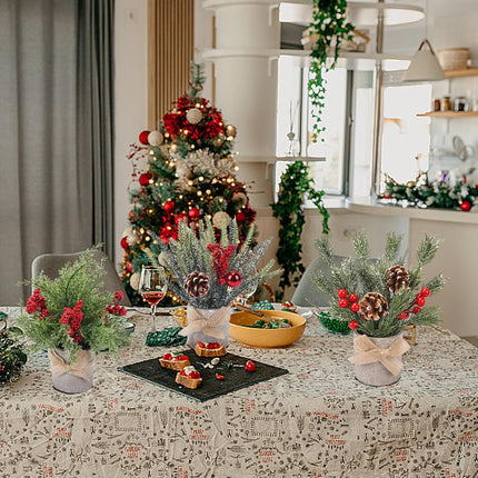 HUAESIN Small Christmas Table Decorations 9.4 Inch Tabletop Mini Christmas Centerpiece Potted Christmas Tree with Pinecones and Berries, Xmas Fake Plants for Tables Home Mantel Holiday Decor, 3 Pack