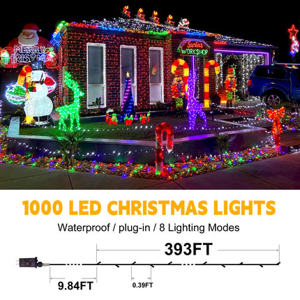 393Ft 1000LED Christmas Lights Outdoor Decorations 8 Modes & Memory Timer Christmas Lights with Plug in Waterproof Fairy String Lights for Xmas Wedding Party Holiday Decor