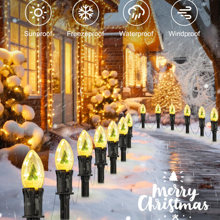 C9 Christmas Pathway Lights Outdoor, 25Ft 20 LED Christmas String Lights with Stakes, 4 Light Modes, Waterproof Connectable Christmas Decorations for Outside Lawn Yard Sidewalk Driveway, Warm White