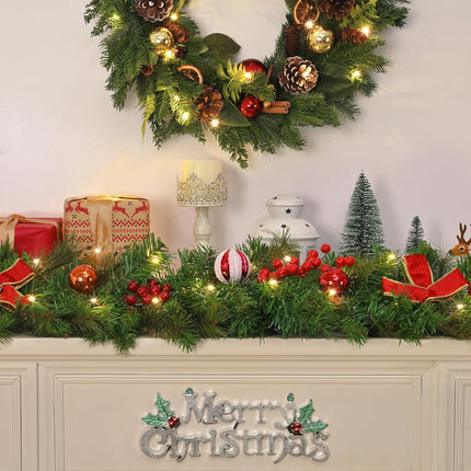 Dolicer 9 FT Artificial Christmas Garland, Christmas Garland with 50 LED Lights, Garlands for Decoration Christmas with Red Berries Christmas Balls Bowknots for Xmas Mantle Table Indoor Outdoor Decor