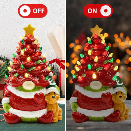 Hexagram Lighted Ceramic Christmas Tree, Christmas Decorations Indoor Red Gnome Mantle Table Decor Christmas Centerpiece, Christmas Decor for Bedroom Living Room Gnome s for Kids Women