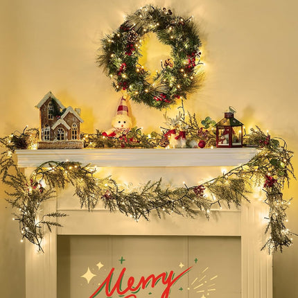 Brightown Pre-lit Christmas Garland with Lights, 6 Feet 20 LED Battery Operated Christmas Lights with Pine Cones, Berry, Eucalyptus Leaves, Indoor Christmas Decorations for Stairs, Fireplace, Door