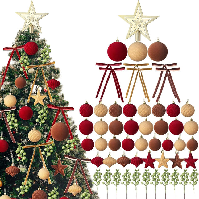 95 PCS Velvet Christmas Tree Decorations Set, 70 Assorted Velvet Flocked Ball Ornament 12 Velvet Bow 1 Top Star 12 Glitter Berry Stems for Xmas Holiday Tree Wreath(Wine Red, Brown, Khaki)