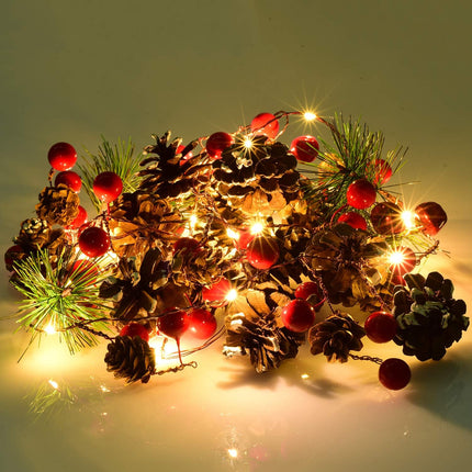 Artiflr 6.7FT Christmas Garland with Lights, 20 LED Red Berry Pine Cone Garland Lights Battery Operated, led Garland String Lights, Christmas Decorations for Home, Garland for Fireplace