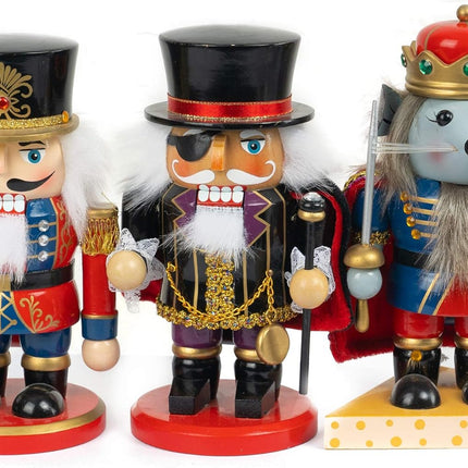 FUNPENY 3 Set Christmas Nutcrackers Figures, 7 Inch Handmade Wooden Mouse King Soldier and Pirate Traditional Nutcracker Decorations for Fall Festive Christmas Desktop Collectible Decor