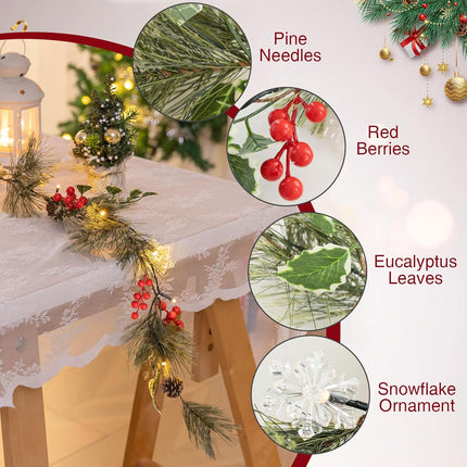 6FT Lighted Christmas Garland Pre-lit with 20 LED Lights, Battery Operated, Rustic Christmas Garland Decorated with Pine Cones, Red Berries, Pineneedle for Mantle Stairs Wall, Indoor Outdoor Use