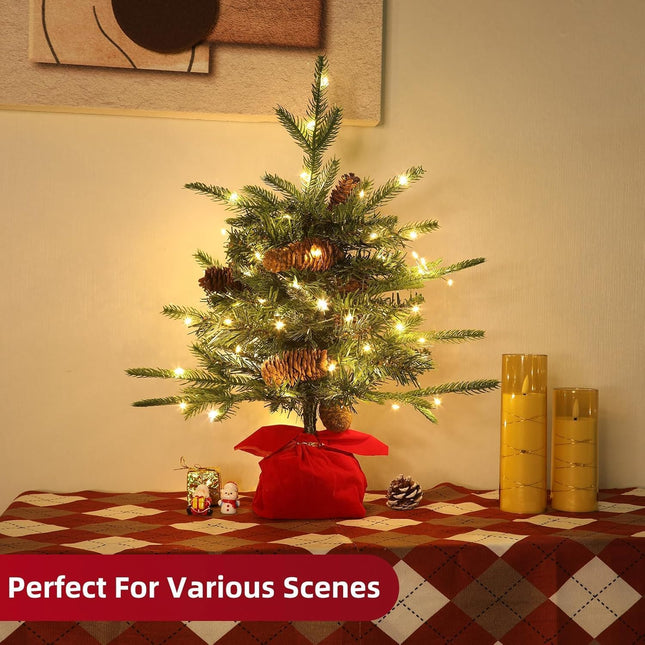 Tabletop Christmas Tree with Lights, Realistic-Feel Norfolk Pine 18 Inch Artificial Small Christmas Trees Timer 20 LED Lights Large Pine Cones, Mini Xmas Tree for Christmas Indoor Holiday Home Decor