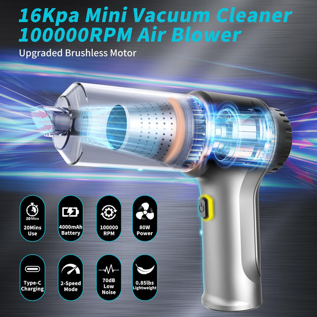 Car Vacuum 16000Pa 3 In 1 Brushless Motor Handheld Vacuum Cordless Rechargeable 2Speed High Power Portable Mini Wireless Vacuum Cleaner For Car Pet Hair Keyboard Desktop Home Cleaning Typec…