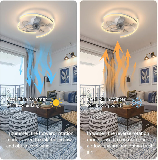 20 Ceiling Fans With Lights App Remote Control, Low Profile Modern Flush Mount Ceiling Fan, Stepless Dimmable 3 Colors And 6