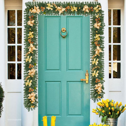 6ft Gold Christmas Garland with 30 Clear Lights, Spruce, Ribbon Bows, Pine Cones, Berries, Ball Ornaments, Poinsettia, Home Holiday Seasonal Christmas Decoration Outdoor/Indoor