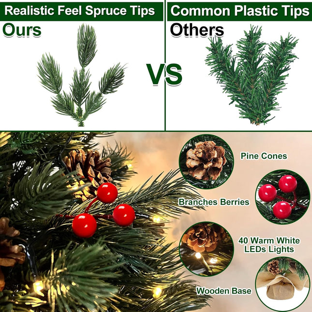 2 Pack 24''/2FT Realistic-Feel PE Thick Small Artificial Christmas Tree Tabletop Decor 40 Lights Timer Battery Operated Cedar Norfolk Pine 20 Pinecones 60 Red Berry Mini Xmas Tree Indoor Table Home