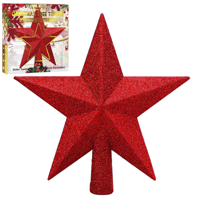Aneco Glitter Christmas Tree Topper Shatter-Proof Christmas Tree Decoration Treetop for Holiday Ornament or Home Decor (Red, 6 Inch)