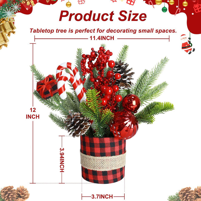 Small Tabletop Christmas Tree Artificial Mini Christmas Trees Small Red Buffalo Plaid Christmas Tree with Ornaments Desktop Xmas Tree Christmas Table Centerpieces for Xmas Holiday Decorations