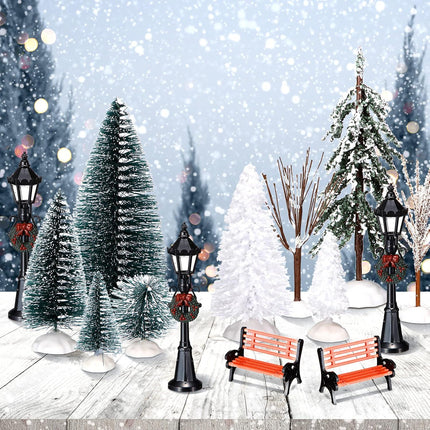 Aoriher 28 Pieces Christmas Mini Artificial Decor Village Tree Set 22 Frosted Christmas Pine Trees and Snow Covered Village Trees 4 Xmas Street Lamp Post and 2 Miniature Park Bench Seat for Christmas