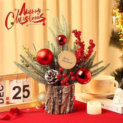 2 Pack Small Christmas Trees, 13.8'' Tall Tabletop Mini Christmas Tree Decorations with Ornaments Pine Cone Berry for Christmas Home Room Indoor Decor