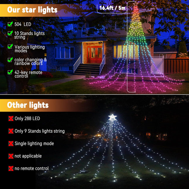 Joomer Christmas Tree Star Lights, 16.4FT Height 504LED Color Change Christmas Lights with Remote Timer RGB Lights Waterproof for Outdoor Christmas Decoration