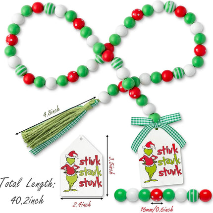 Christmas Thief Green Monster Wood Bead Garland Rustic Natural Beads with Cotton Rope Plaid Tassel Stink Stank Stunk Wooden Tag Farmhouse Holiday Ornaments for Xmas Tree Wreath Tiered Tray