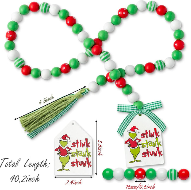 Christmas Thief Green Monster Wood Bead Garland Rustic Natural Beads with Cotton Rope Plaid Tassel Stink Stank Stunk Wooden Tag Farmhouse Holiday Ornaments for Xmas Tree Wreath Tiered Tray