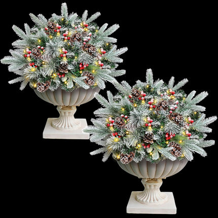 Noverlife 2 Packs Christmas Tree Frosted Urn Filler, 26 Inches Pre-lit Snowy Xmas Pine Tree Planter Pots Filler with Cones & Berries, Outdoor Artificial Tree with 50 LED Lights (Not Included Planter)