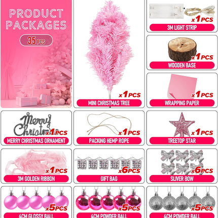 23 Inch Tabletop Christmas Tree with Led Lights,Artificial Mini Christmas Tree, DIY Artificial Tabletop Christmas Tree,Christmas Decorations for Home Desktop Xmas Tabletop Decoration (Pink)
