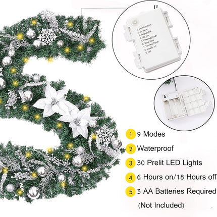 Prelit 6 Feet Christmas Garland Silver White with Battery Operated 30 LED Lights, Ball Ornaments, Snowflakes, Poinsettia Flowers & Berries, Garland Christmas Decoration for Indoor Outdoor Mantel