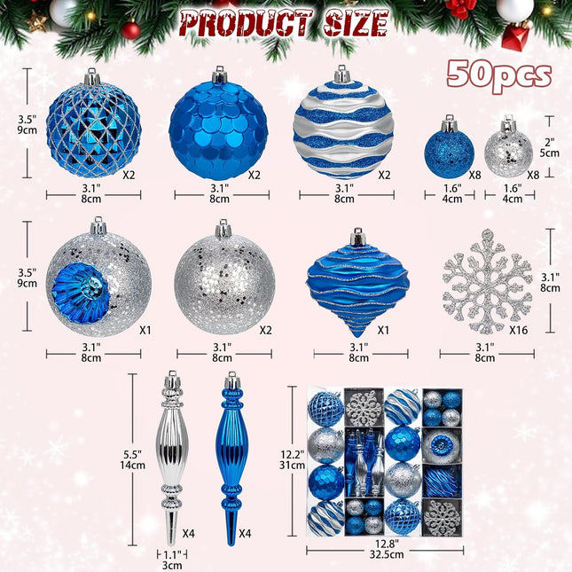 Hollyone Blue and Silver Christmas Balls Ornaments Set, 50pcs Large Glitter Shatterproof Christmas Snowflakes Ornaments Bulk Decoration Hanging Ball for Xmas Tree Wreath Garland Wedding Home Decor